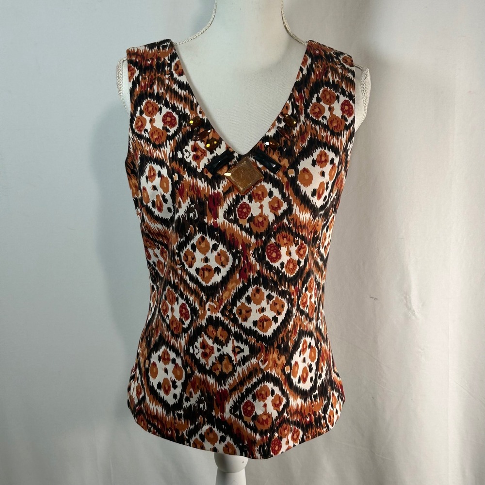 WD NY Women's V-Neck Sleeveless Geometric Print Embellished Top Size 8 NWT